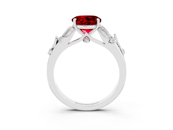 White gold Round Cut Ruby Solitaire Ring with Leaf Motif Band and Four-Prong Setting