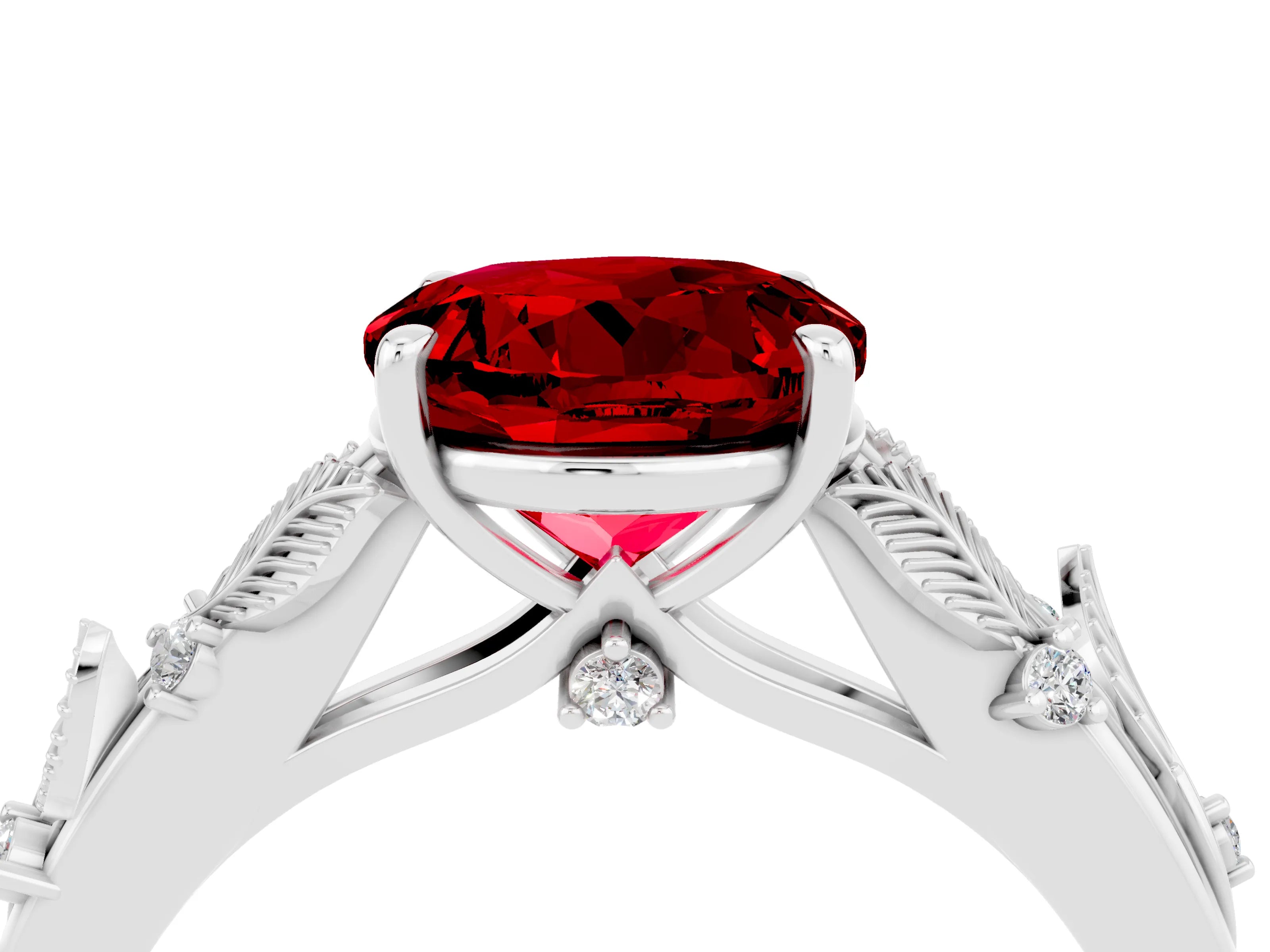 White gold Round Cut Ruby Solitaire Ring with Leaf Motif Band and Four-Prong Setting_16