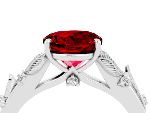 White gold Round Cut Ruby Solitaire Ring with Leaf Motif Band and Four-Prong Setting_16