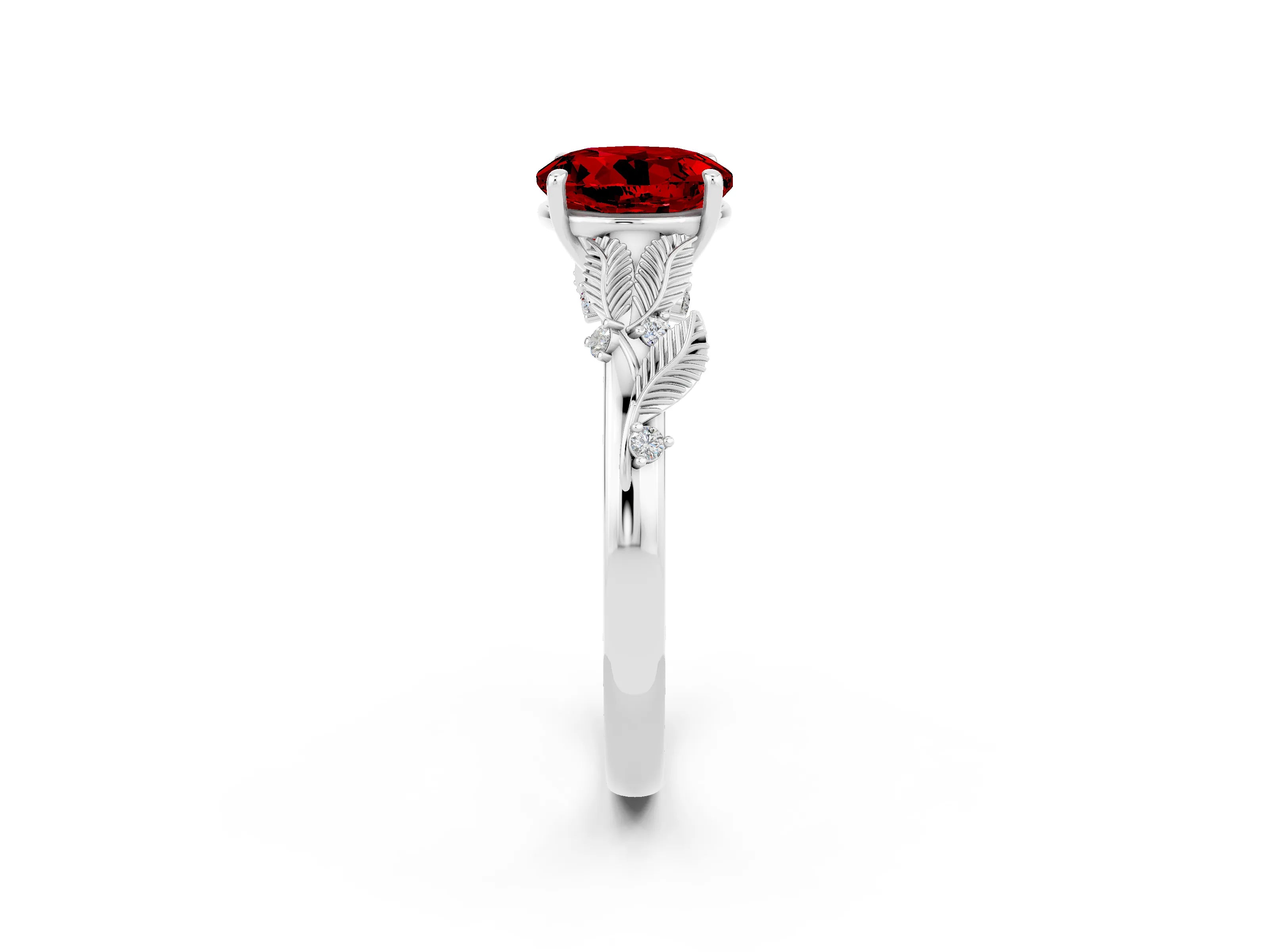 White gold Round Cut Ruby Solitaire Ring with Leaf Motif Band and Four-Prong Setting_2