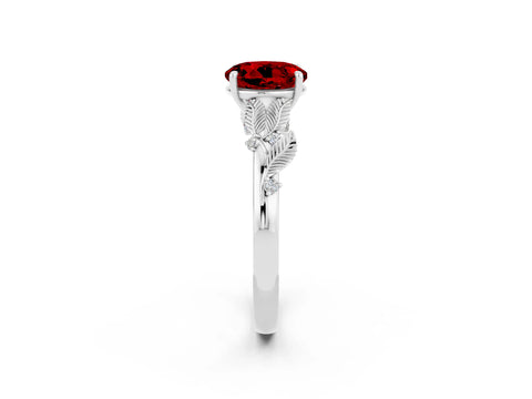 White gold Round Cut Ruby Solitaire Ring with Leaf Motif Band and Four-Prong Setting_2