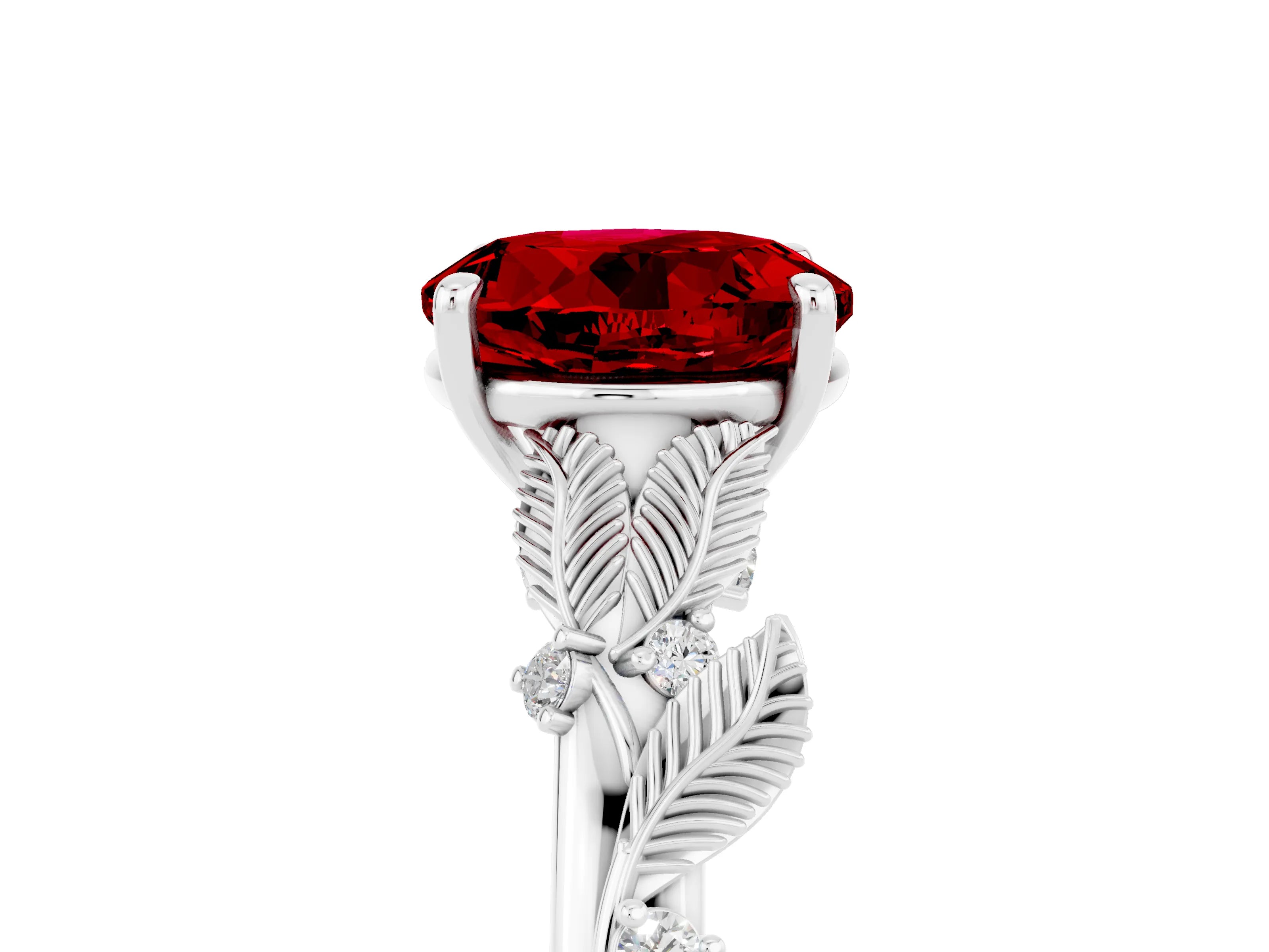 White gold Round Cut Ruby Solitaire Ring with Leaf Motif Band and Four-Prong Setting_5