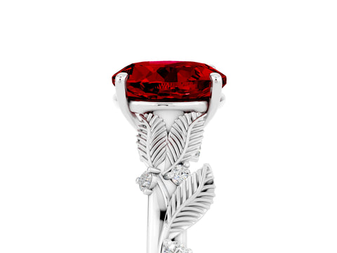 White gold Round Cut Ruby Solitaire Ring with Leaf Motif Band and Four-Prong Setting_5