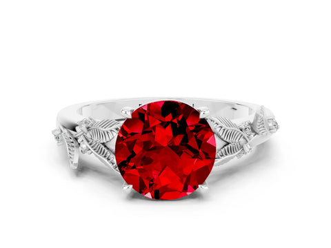 White gold Round Cut Ruby Solitaire Ring with Leaf Motif Band and Four-Prong Setting