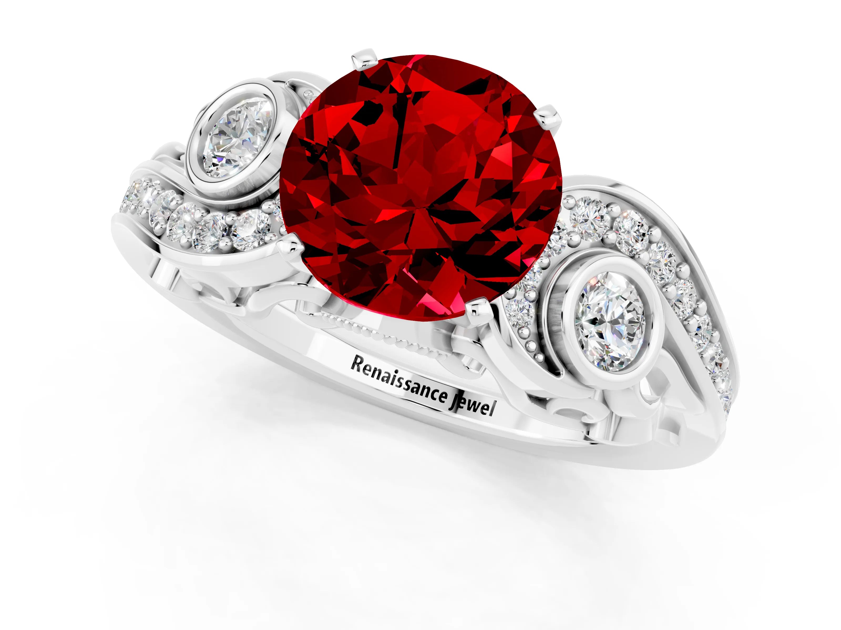 White gold Round Cut Ruby Solitaire Ring with Milgrain Pavé Band and Four-Prong Setting_25
