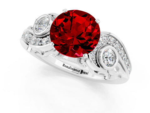 White gold Round Cut Ruby Solitaire Ring with Milgrain Pavé Band and Four-Prong Setting_25