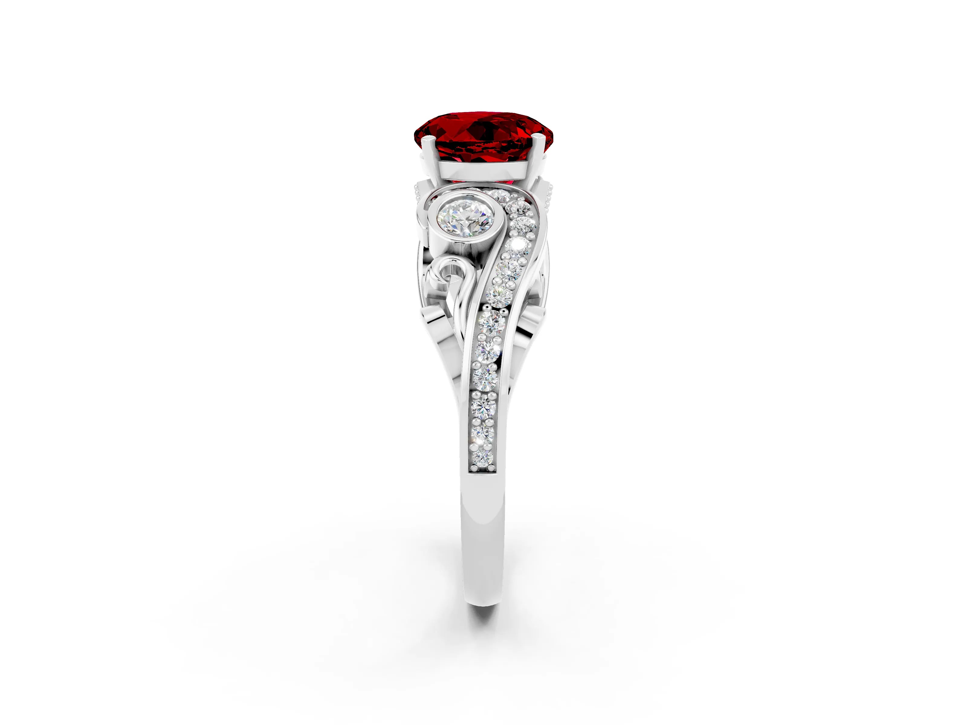 White gold Round Cut Ruby Solitaire Ring with Milgrain Pavé Band and Four-Prong Setting_26
