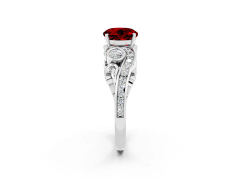 White gold Round Cut Ruby Solitaire Ring with Milgrain Pavé Band and Four-Prong Setting_26