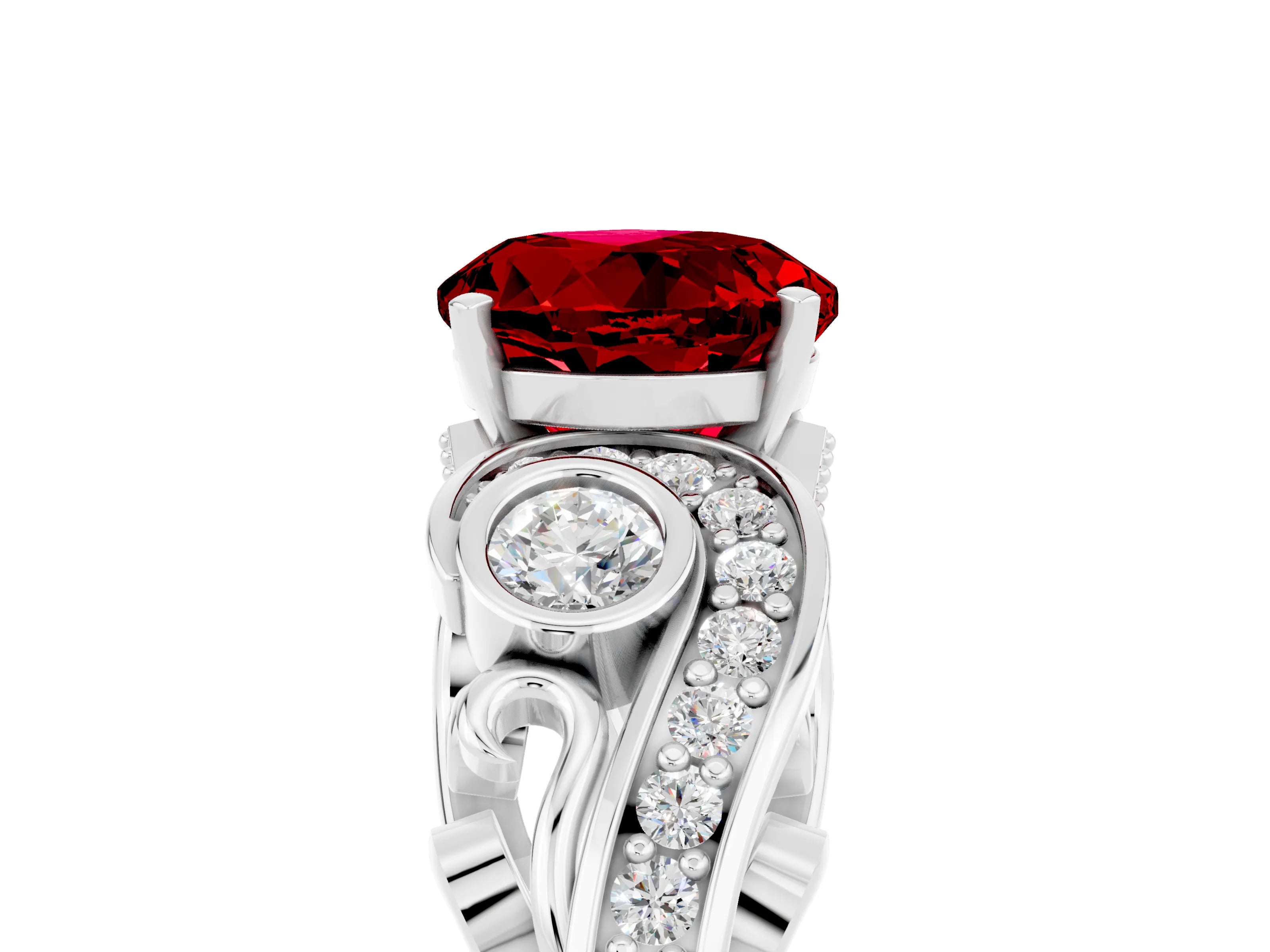 White gold Round Cut Ruby Solitaire Ring with Milgrain Pavé Band and Four-Prong Setting_29