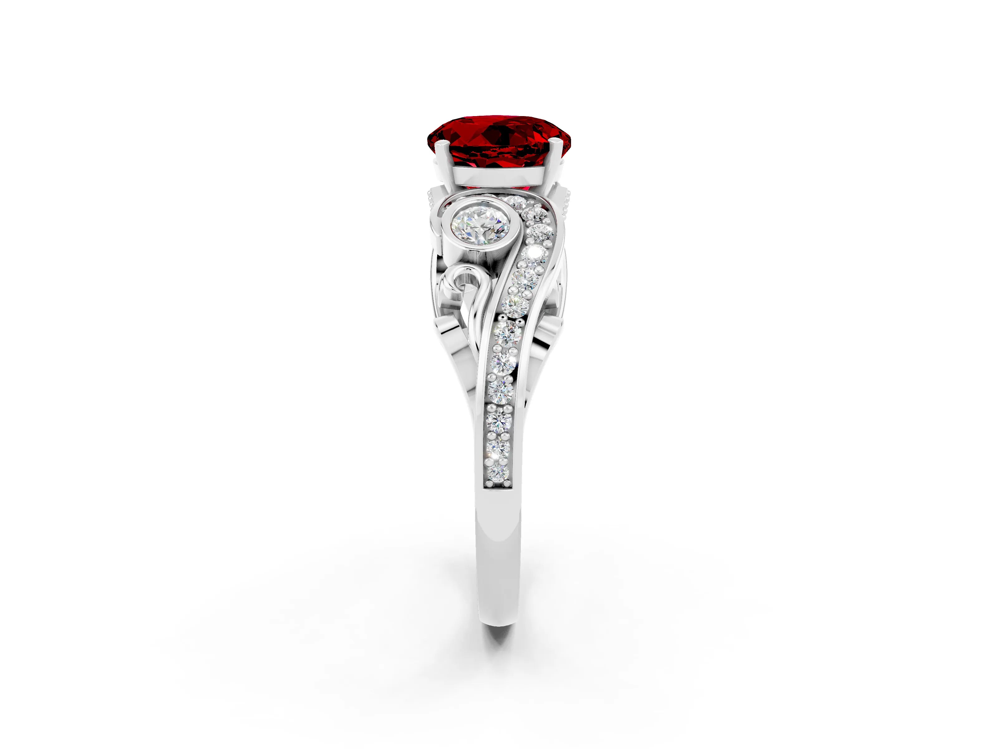 White gold Round Cut Ruby Solitaire Ring with Milgrain Pavé Band and Four-Prong Setting_38