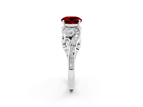 White gold Round Cut Ruby Solitaire Ring with Milgrain Pavé Band and Four-Prong Setting_38