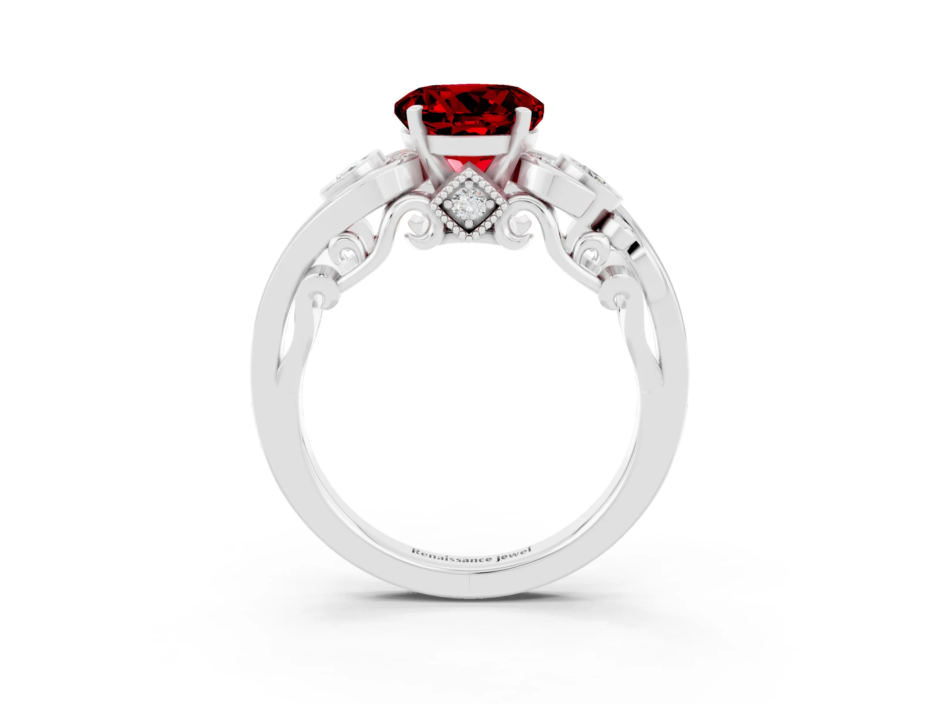 White gold Round Cut Ruby Solitaire Ring with Milgrain Pavé Band and Four-Prong Setting_51