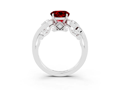 White gold Round Cut Ruby Solitaire Ring with Milgrain Pavé Band and Four-Prong Setting_51