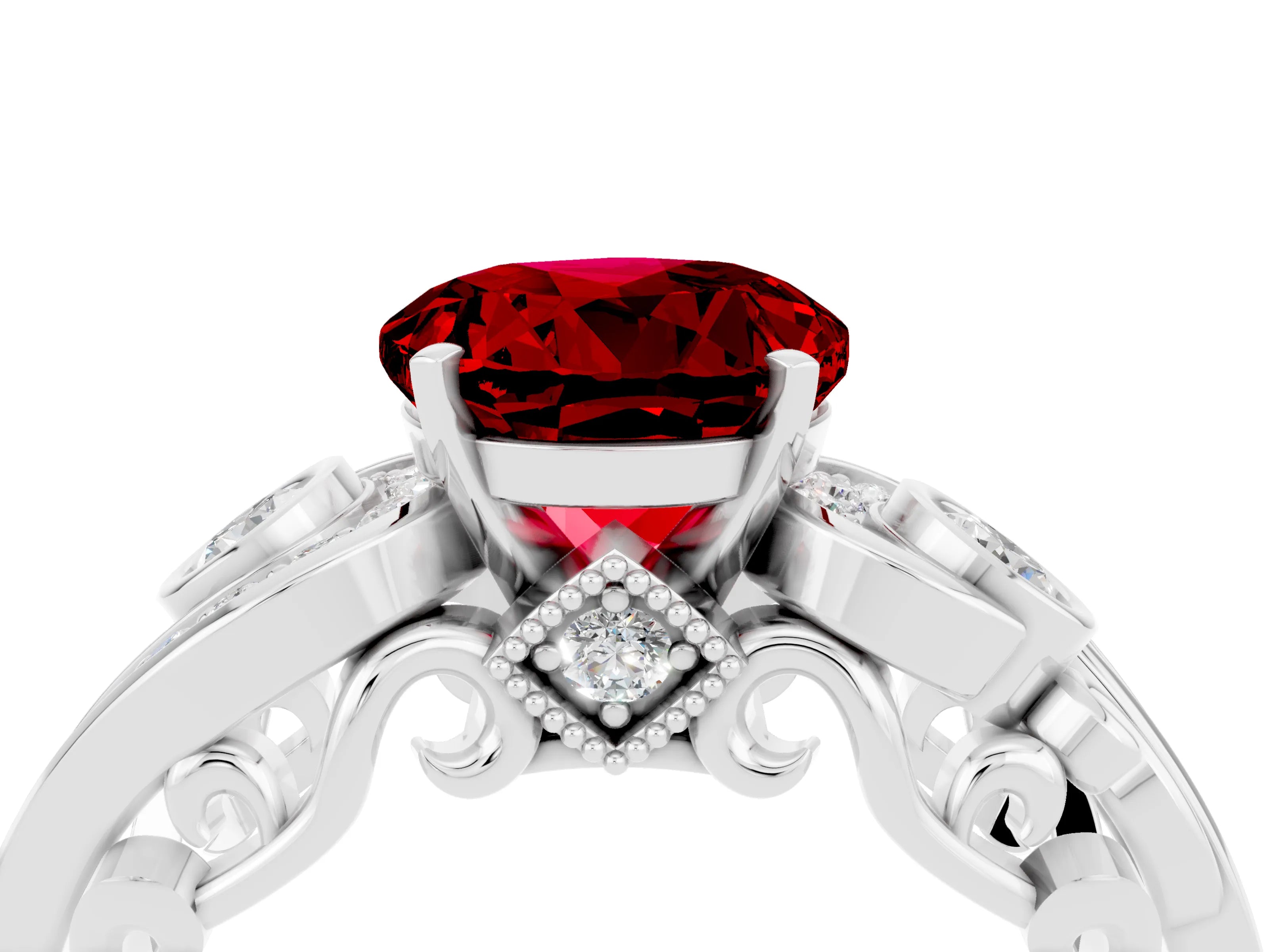 White gold Round Cut Ruby Solitaire Ring with Milgrain Pavé Band and Four-Prong Setting_52