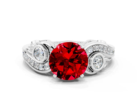 White gold Round Cut Ruby Solitaire Ring with Milgrain Pavé Band and Four-Prong Setting_58