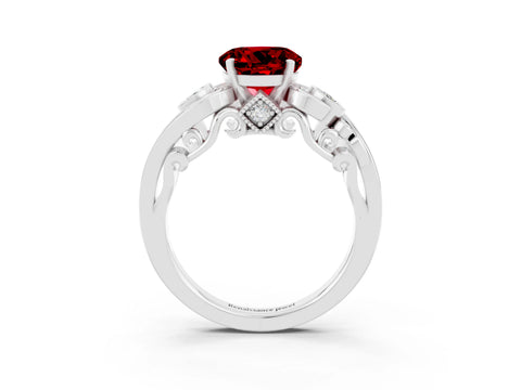 White gold Round Cut Ruby Solitaire Ring with Milgrain Pavé Band and Four-Prong Setting_61