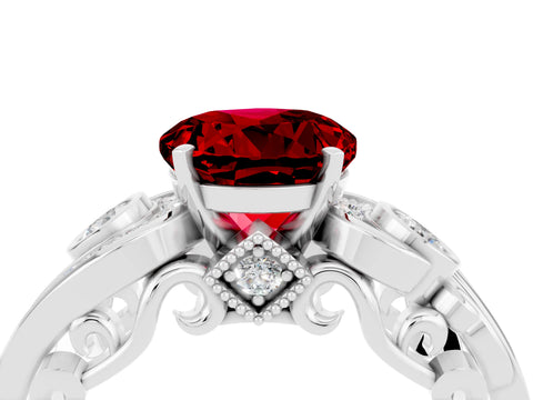White gold Round Cut Ruby Solitaire Ring with Milgrain Pavé Band and Four-Prong Setting_62