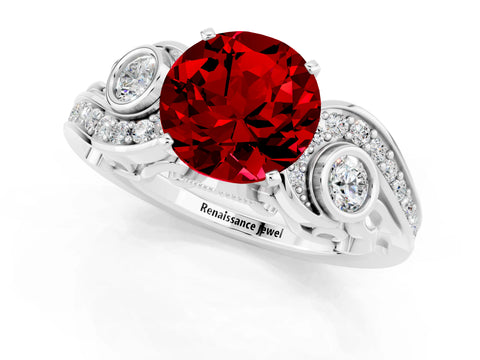 White gold Round Cut Ruby Solitaire Ring with Milgrain Pavé Band and Four-Prong Setting_71