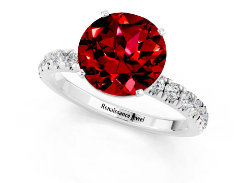 White gold Round Cut Ruby Solitaire Ring with Pavé Accents and Four-Prong Setting_1