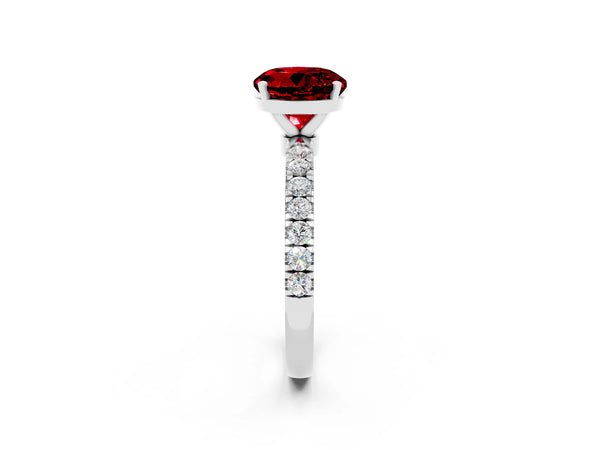 Silver Round Cut Ruby Solitaire Ring with Pavé Accents and Four-Prong Setting