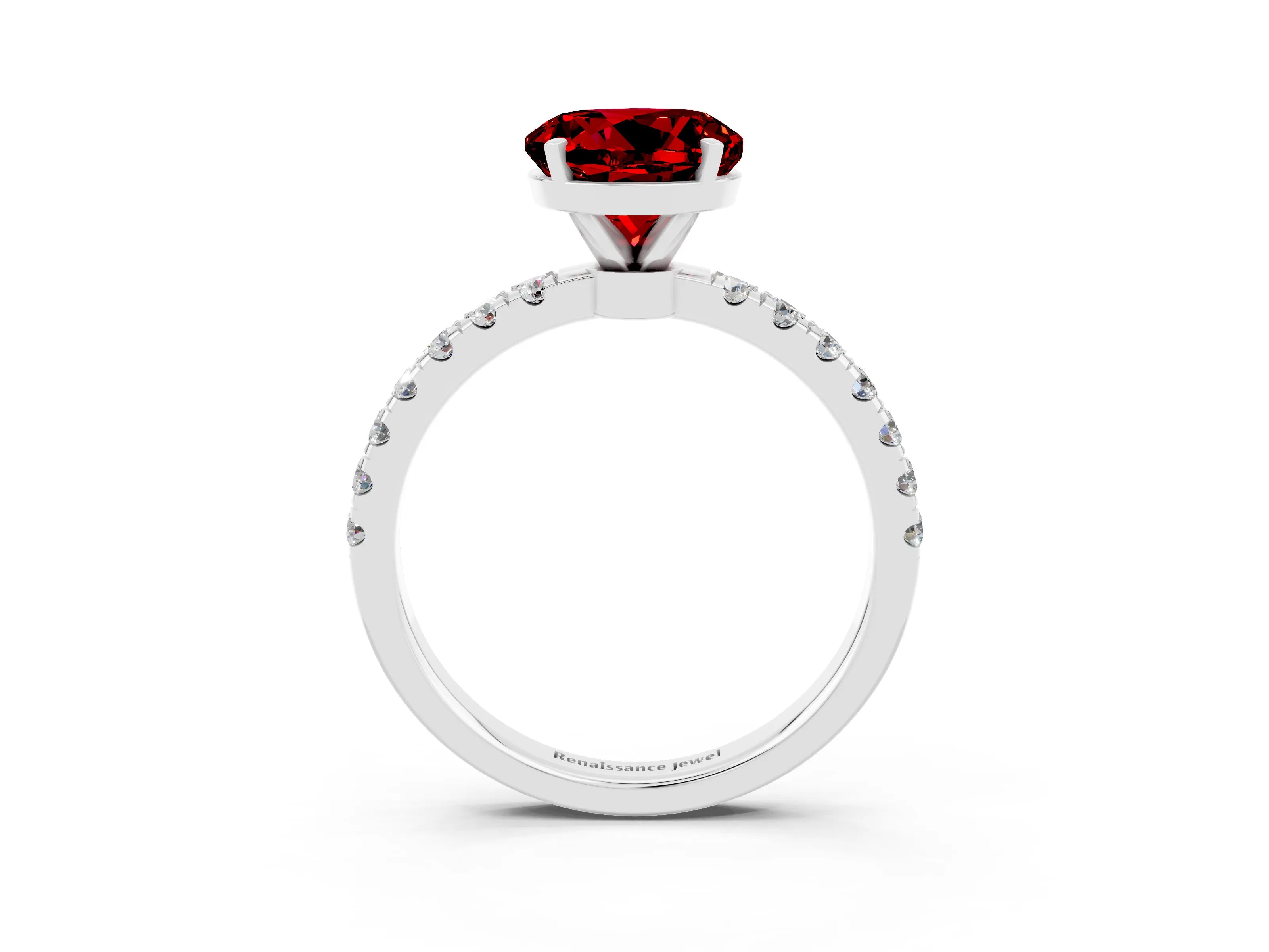 White gold Round Cut Ruby Solitaire Ring with Pavé Accents and Four-Prong Setting_3