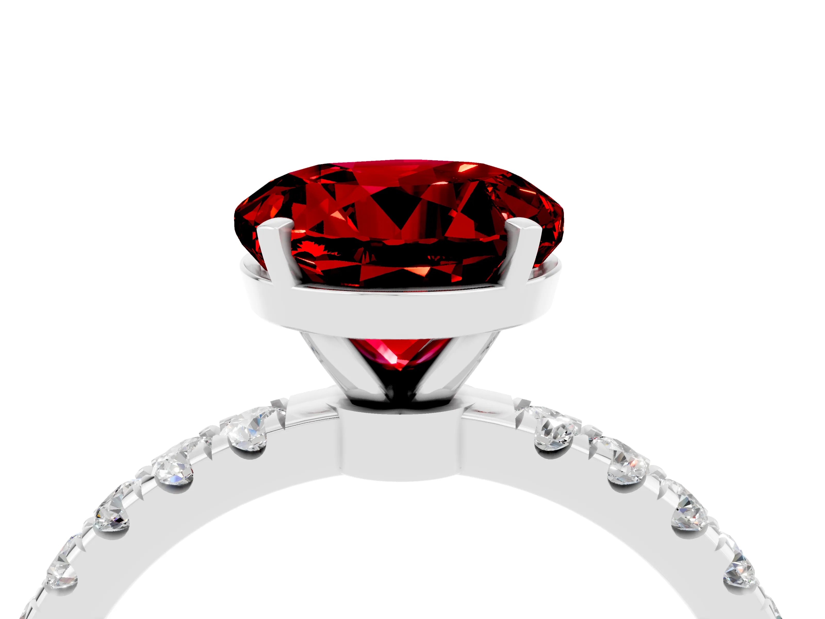 White gold Round Cut Ruby Solitaire Ring with Pavé Accents and Four-Prong Setting_4