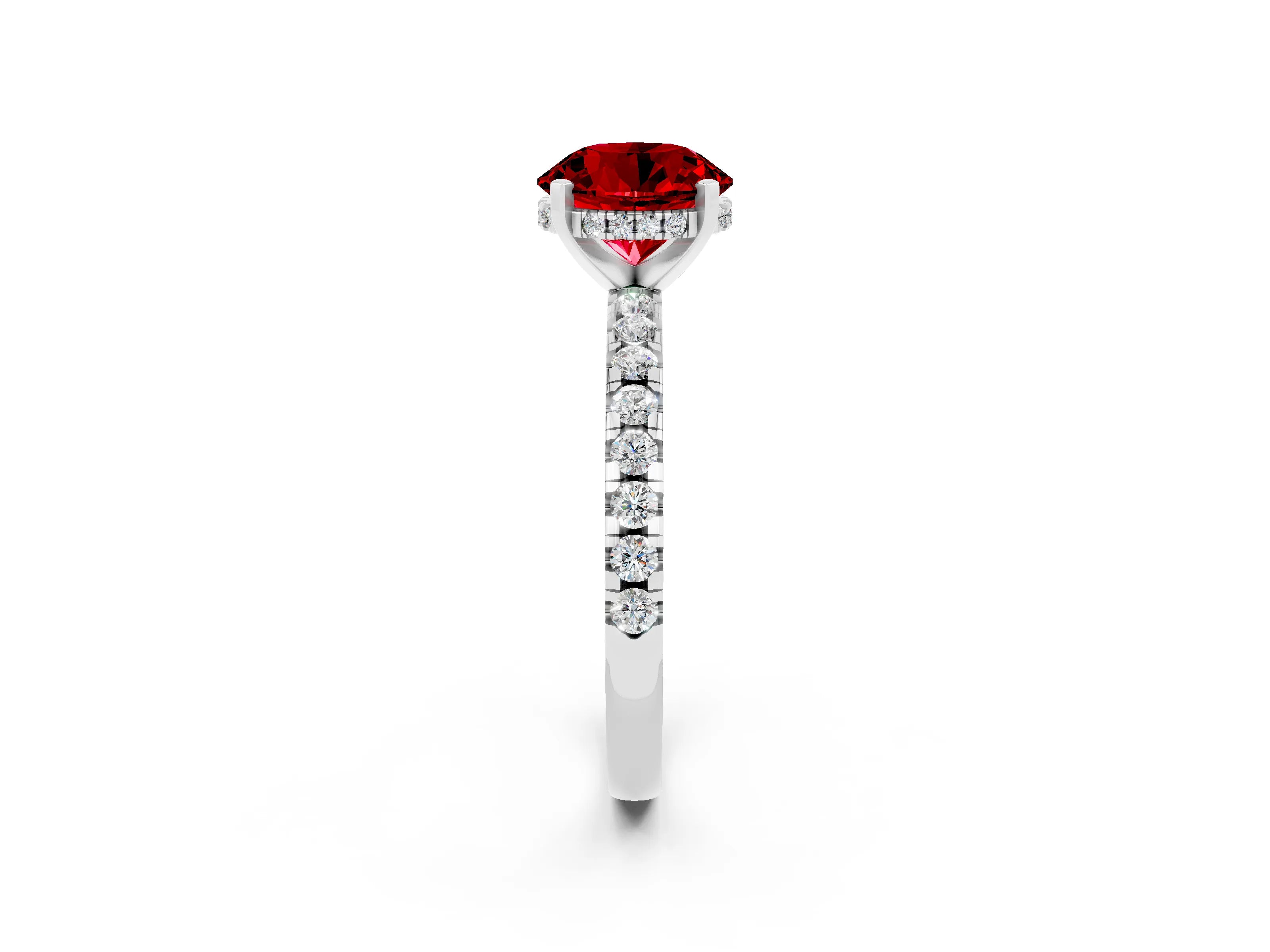 White gold Round Cut Ruby Solitaire Ring with Pavé Band and Four-Prong Setting_26