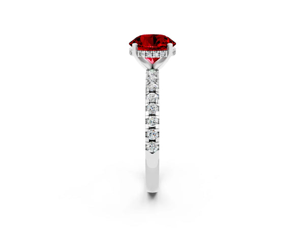 Silver Round Cut Ruby Solitaire Ring with Round  Pavé Band and Four-Prong Setting
