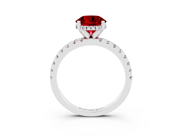 Platinum Round Cut Ruby Solitaire Ring with Round  Pavé Band and Four-Prong Setting