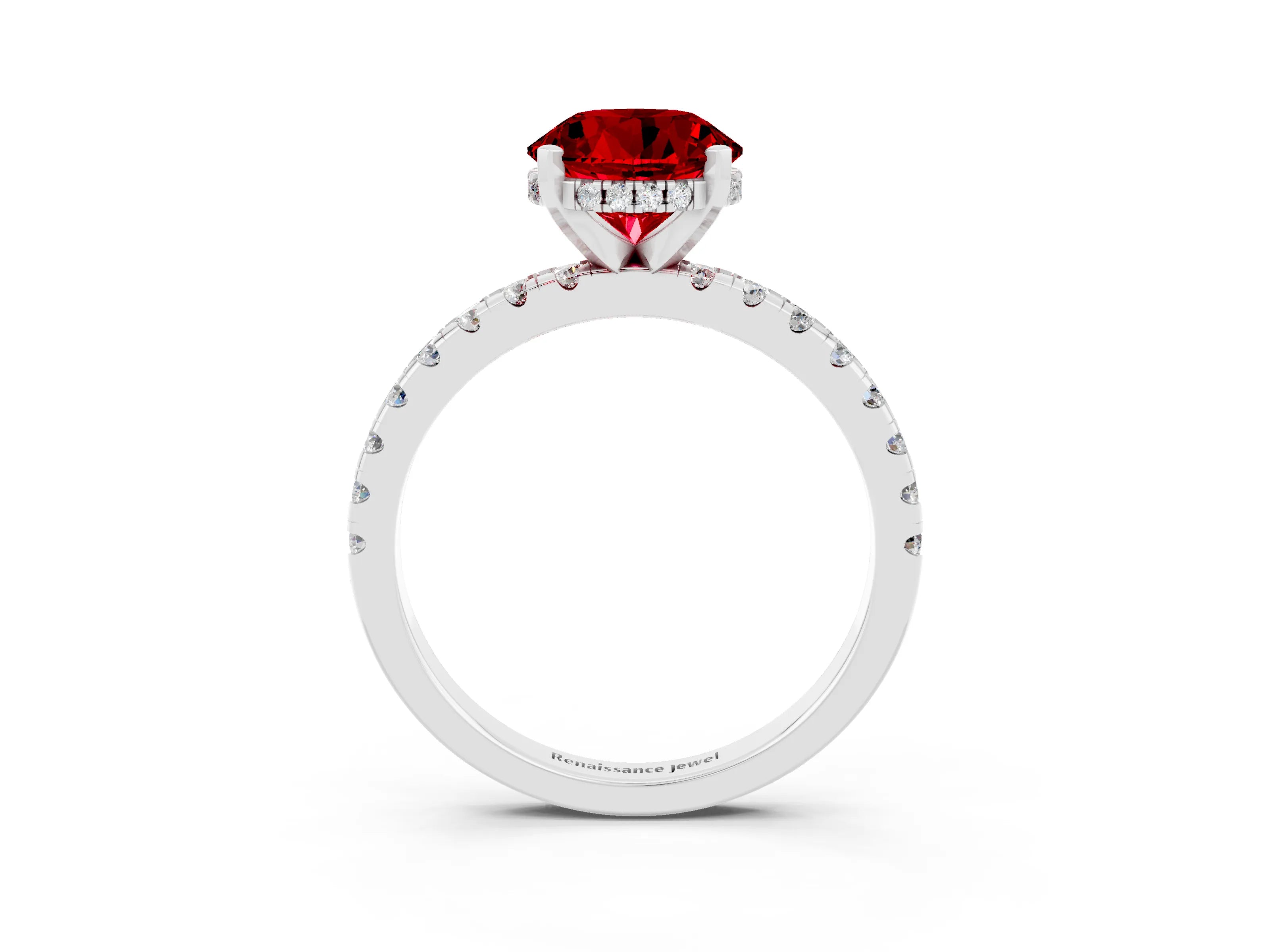 White gold Round Cut Ruby Solitaire Ring with Pavé Band and Four-Prong Setting_27
