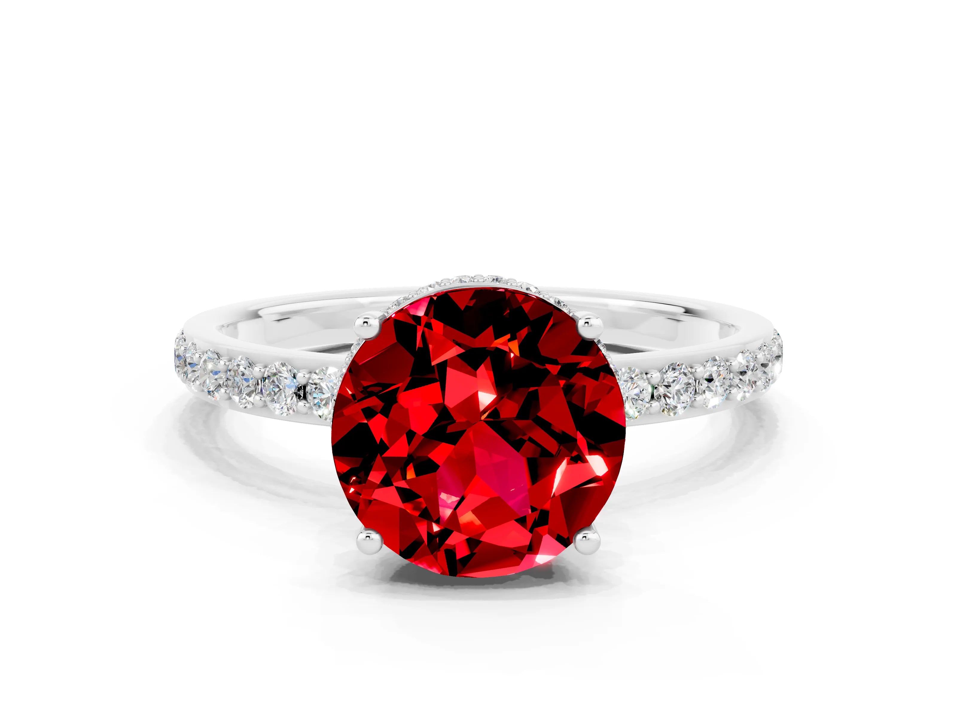 White gold Round Cut Ruby Solitaire Ring with Pavé Band and Hidden Halo