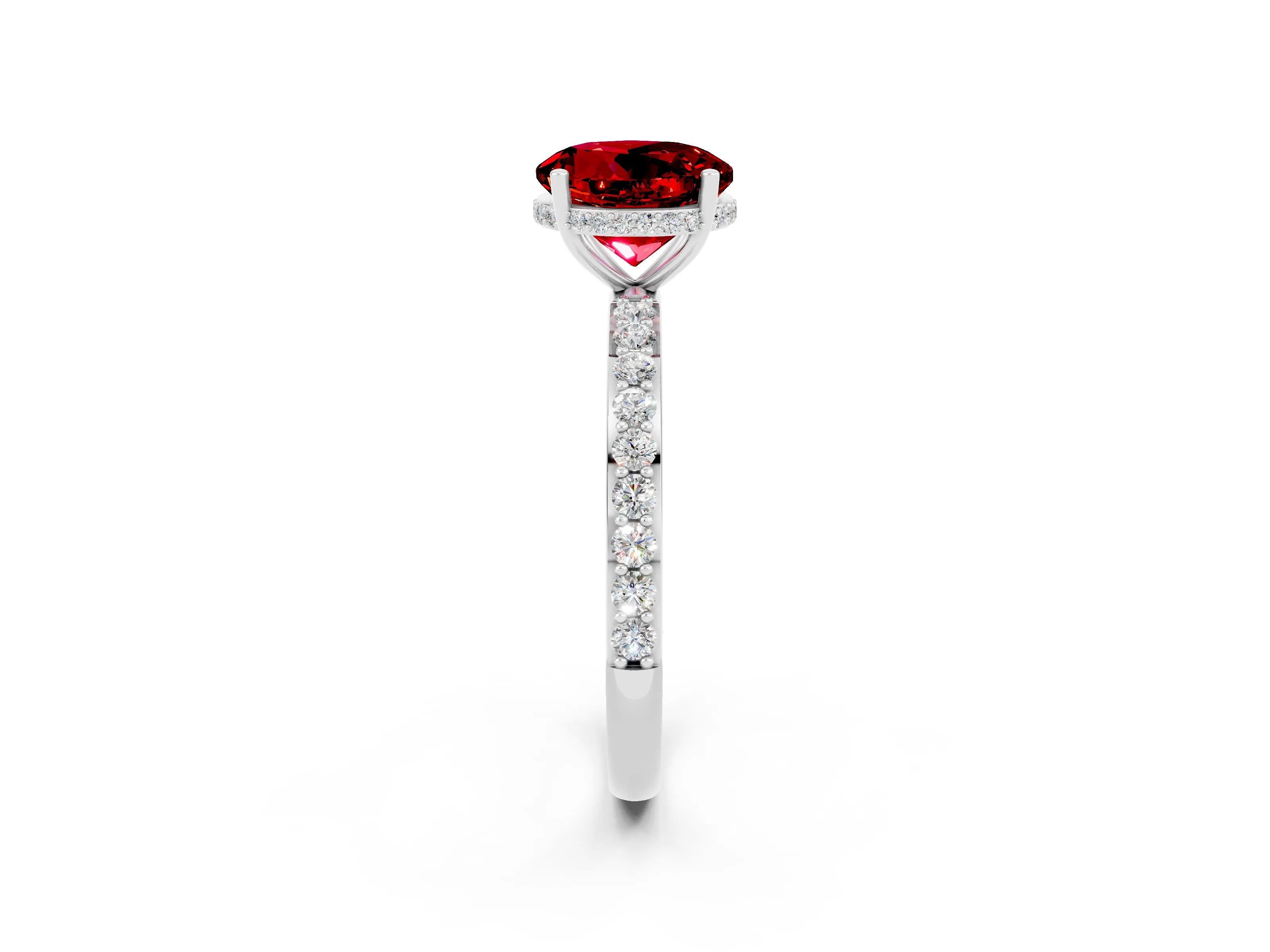 White gold Round Cut Ruby Solitaire Ring with Pavé Band and Hidden Halo_2