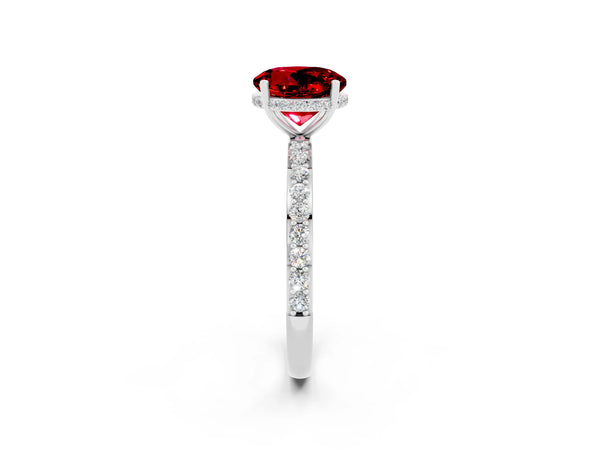 White gold Round Cut Ruby Solitaire Ring with Pavé Band and Hidden Halo