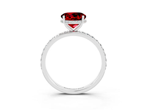 White gold Round Cut Ruby Solitaire Ring with Pavé Band and Hidden Halo_3