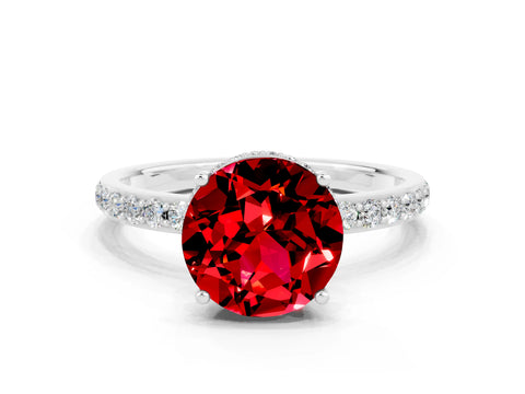 White gold Round Cut Ruby Solitaire Ring with Pavé Band and Hidden Halo