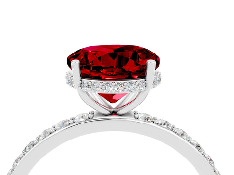 White gold Round Cut Ruby Solitaire Ring with Pavé Band and Hidden Halo_4