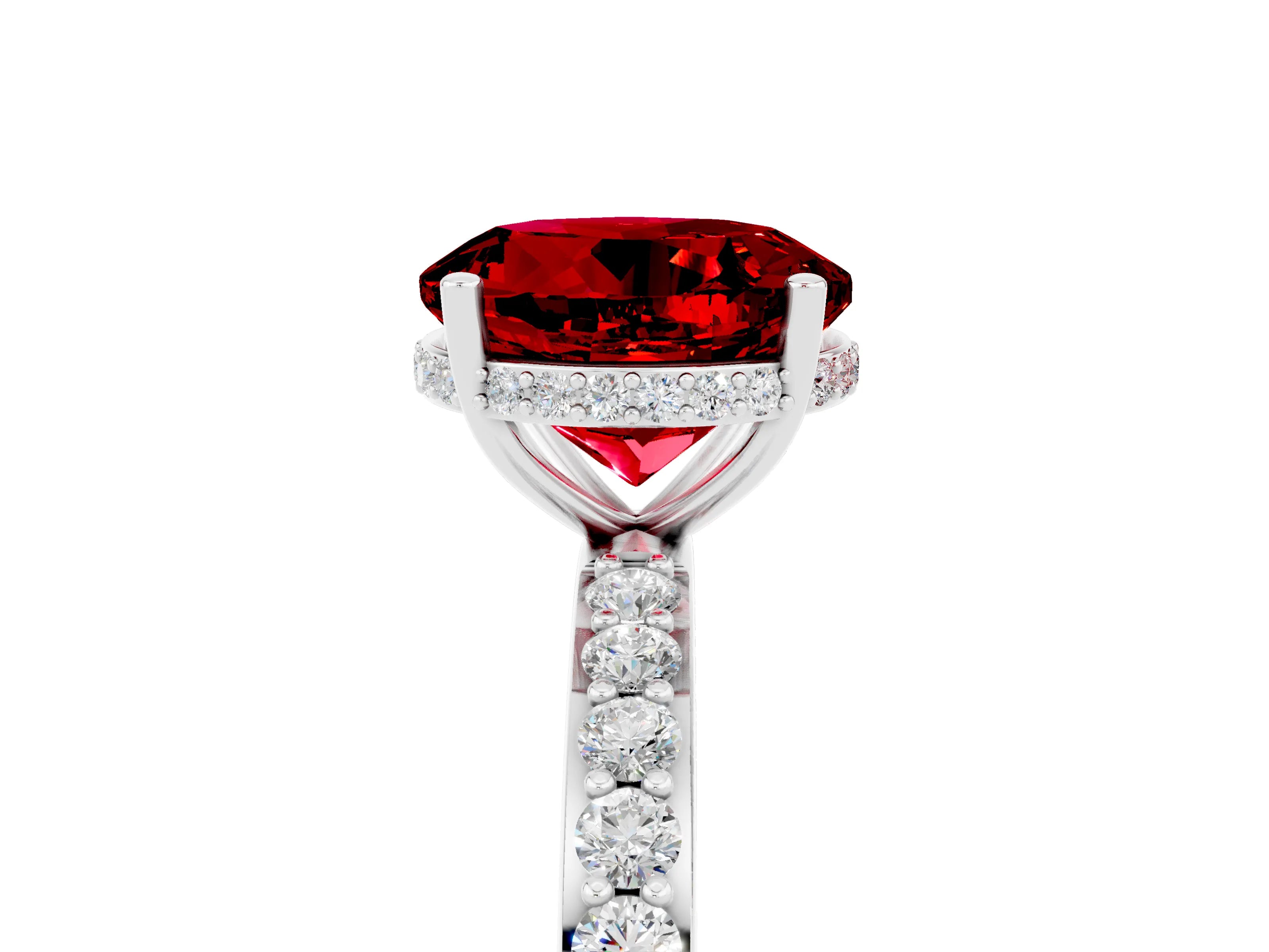 White gold Round Cut Ruby Solitaire Ring with Pavé Band and Hidden Halo_5