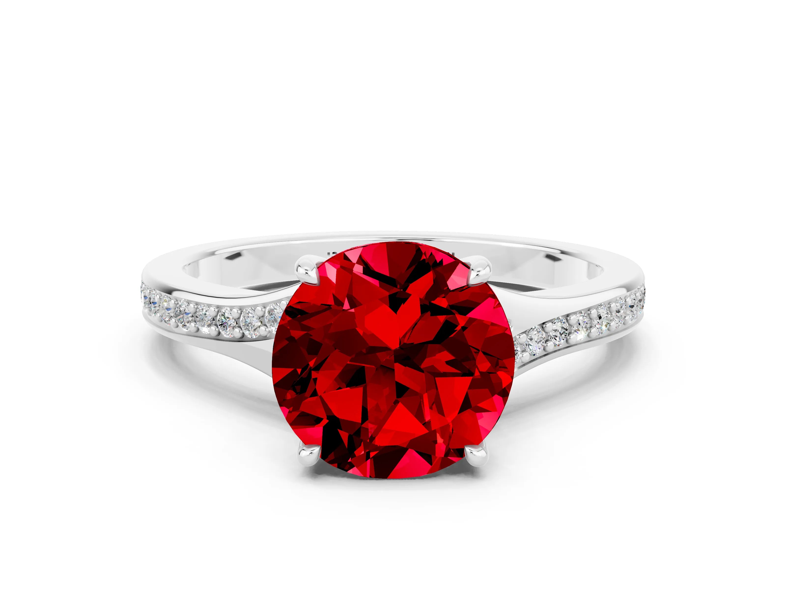 White gold Round Cut Ruby Solitaire Ring with Pavé Band and Prong Setting
