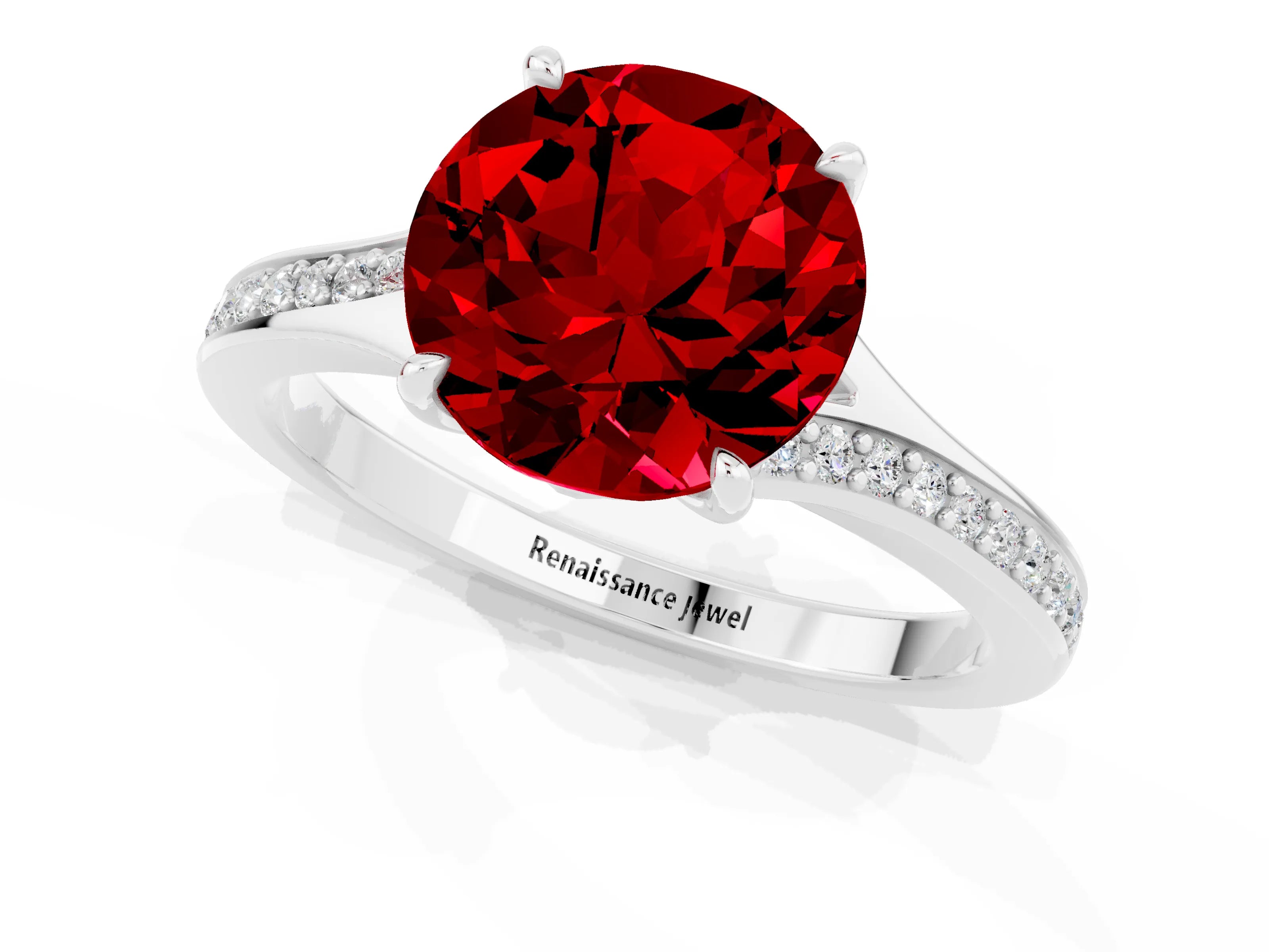 White gold Round Cut Ruby Solitaire Ring with Pavé Band and Prong Setting_13