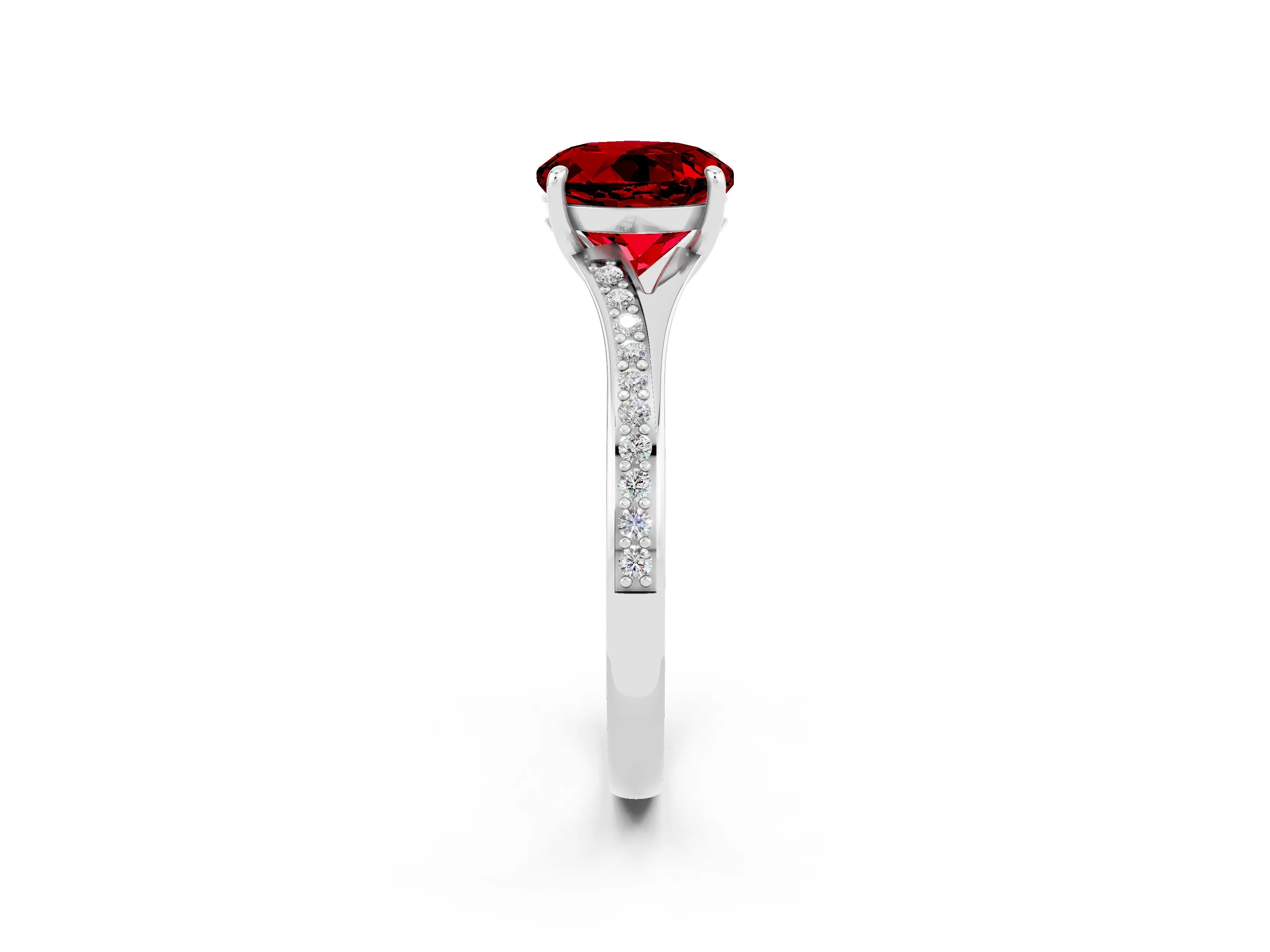 White gold Round Cut Ruby Solitaire Ring with Pavé Band and Prong Setting_2