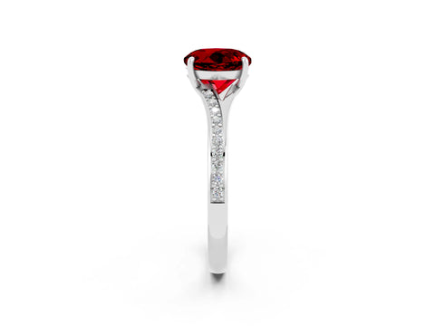 White gold Round Cut Ruby Solitaire Ring with Pavé Band and Prong Setting_2