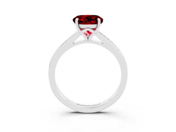 White gold Round Cut Ruby Solitaire Ring with Pavé Band and Prong Setting
