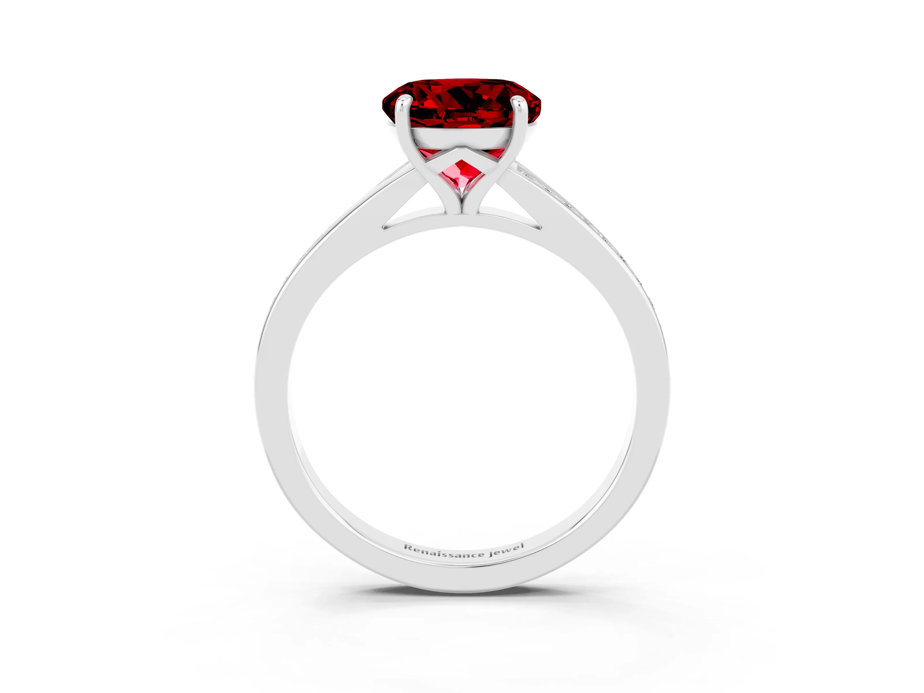 White gold Round Cut Ruby Solitaire Ring with Pavé Band and Prong Setting_3