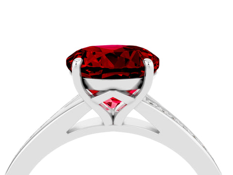 White gold Round Cut Ruby Solitaire Ring with Pavé Band and Prong Setting_4