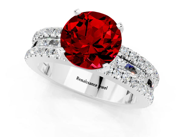 Silver Round Cut Ruby Solitaire Ring with Pavé and Channel Set Band