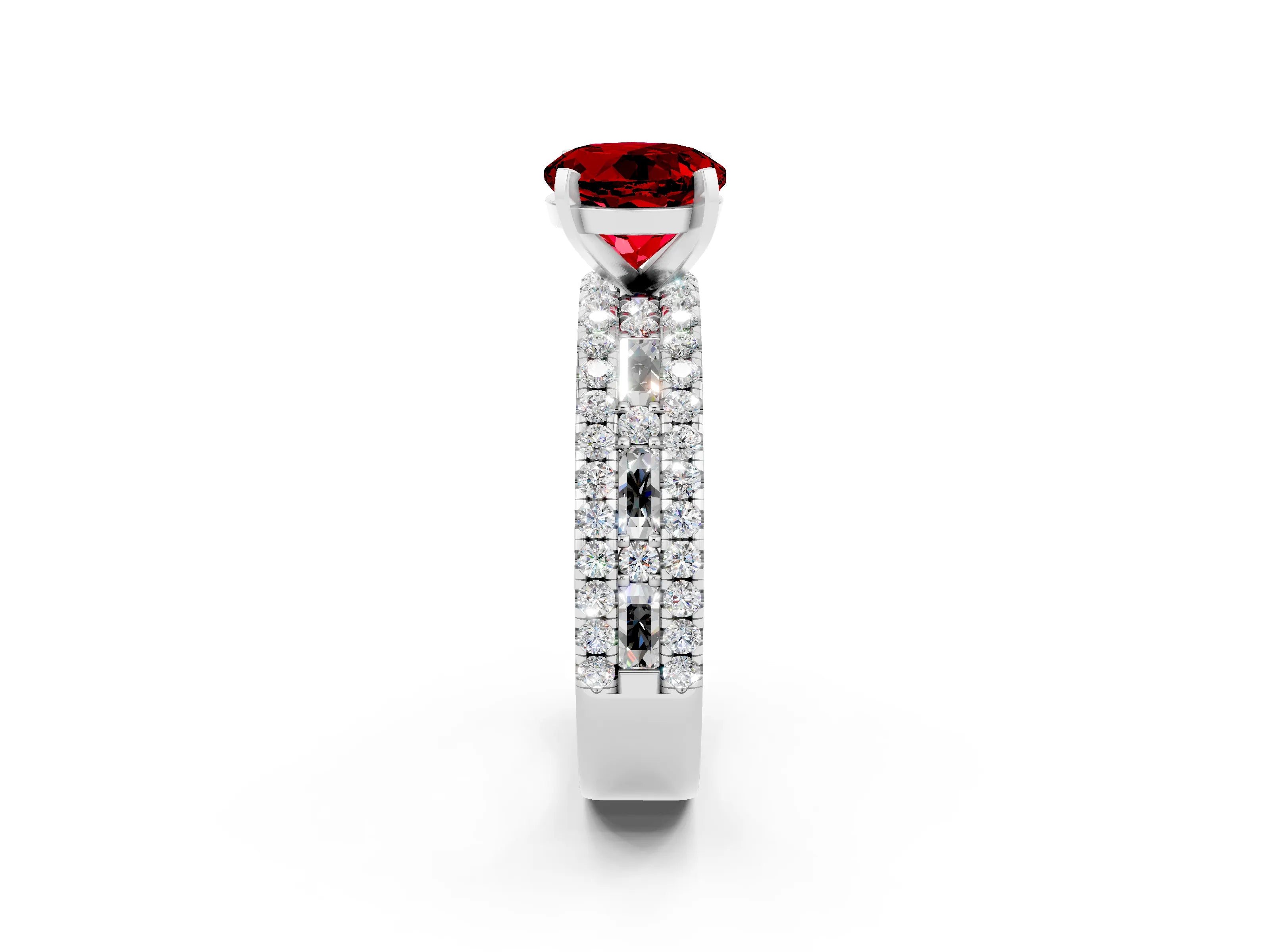 White gold Round Cut Ruby Solitaire Ring with Pavé and Channel Set Band_2