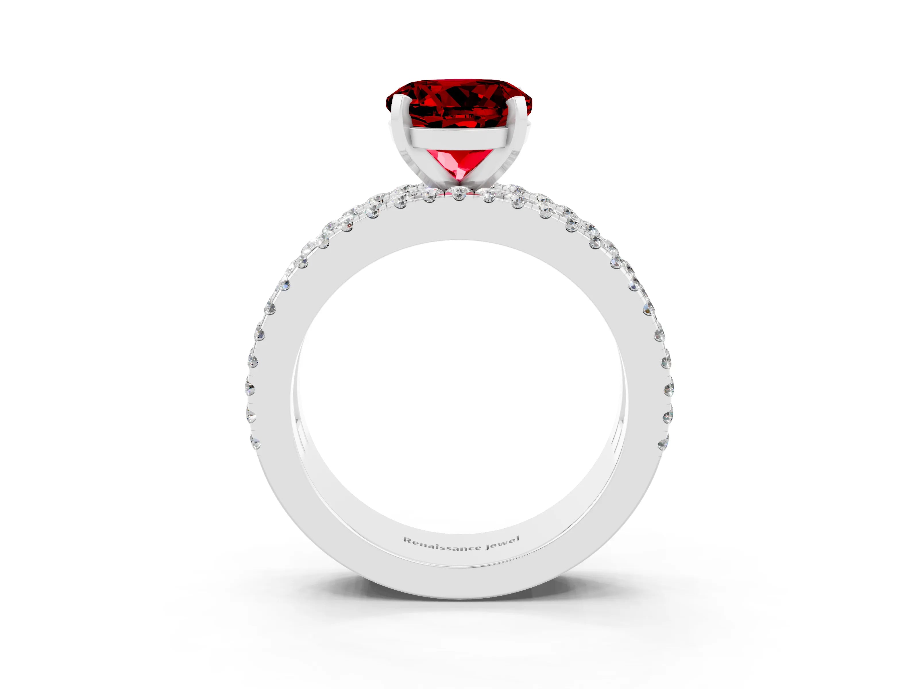 White gold Round Cut Ruby Solitaire Ring with Pavé and Channel Set Band_3