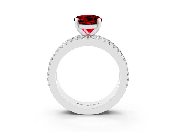 Silver Round Cut Ruby Solitaire Ring with Pavé and Channel Set Band