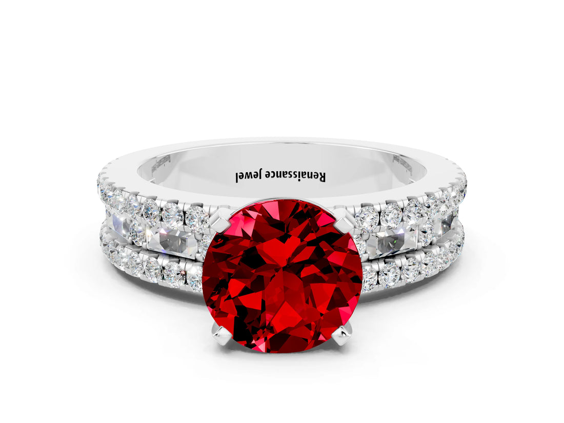 White gold Round Cut Ruby Solitaire Ring with Pavé and Channel Set Band