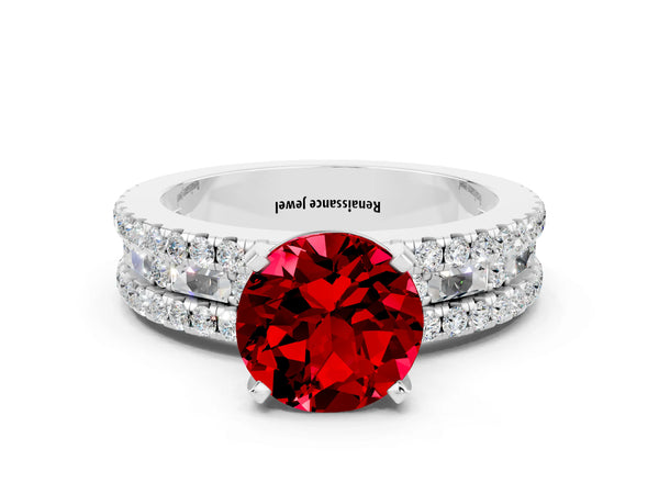 Silver Round Cut Ruby Solitaire Ring with Pavé and Channel Set Band